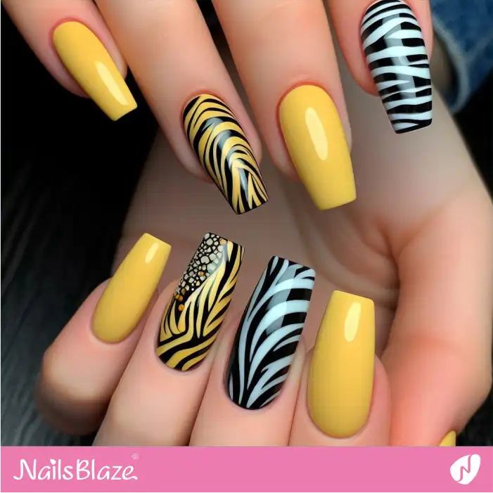 Black Zebra Print on Yellow and White Nails | Animal Print Nails - NB2480